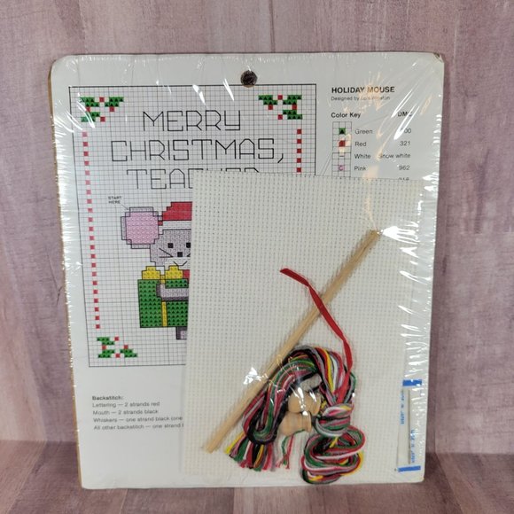 NEW Merry Christmas Teacher Counted Cross Stitch Kids Kit New Berlin Co Mouse - Picture 2 of 3